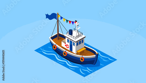 Isometric Cartoon Boat on Blue Water