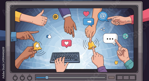 Diverse hands interacting with a large screen displaying social media elements, illustrating online engagement and digital interaction.