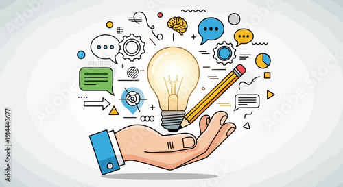 Creative hand holding a glowing lightbulb and pencil, surrounded by business and innovation icons, symbolizing new ideas and development on a bright studio background.