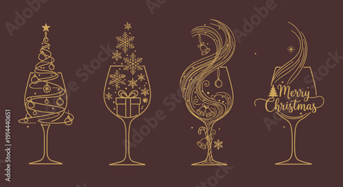 Ornate golden line art Christmas tree and wine glass illustration with "Merry Christmas" text on a dark brown background.