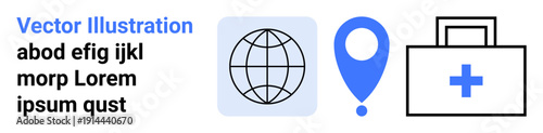 Global healthcare access, travel medicine, medical mapping, emergency assistance, global aid, location services. Globe, map pin and medical case with cross icon. Global access and travel medicine