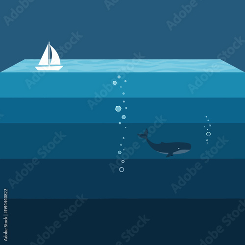 Sailboat floating on the ocean surface above a submerged whale.