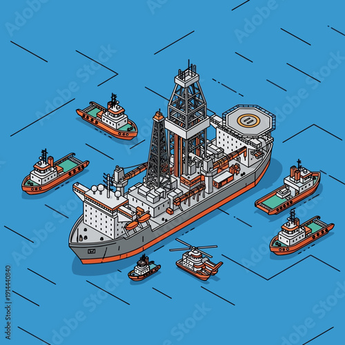 Isometric illustration of an offshore oil rig surrounded by support vessels.