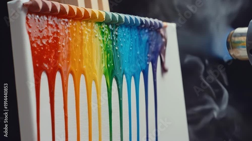 Wallpaper Mural Colorful wax crayons melting and flowing down a blank canvas as a heat gun is applied, creating a vibrant art piece in a creative workspace Torontodigital.ca