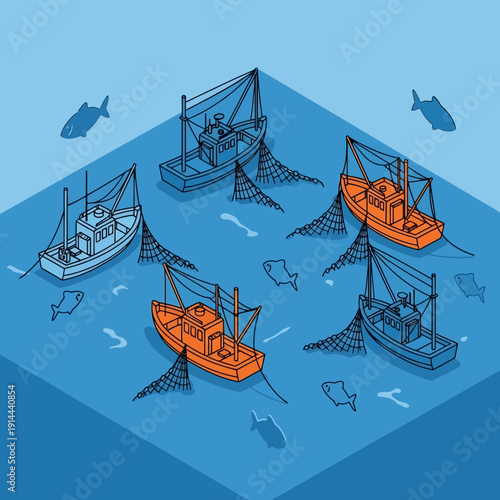 Fishing Boats Casting Nets in the Ocean.