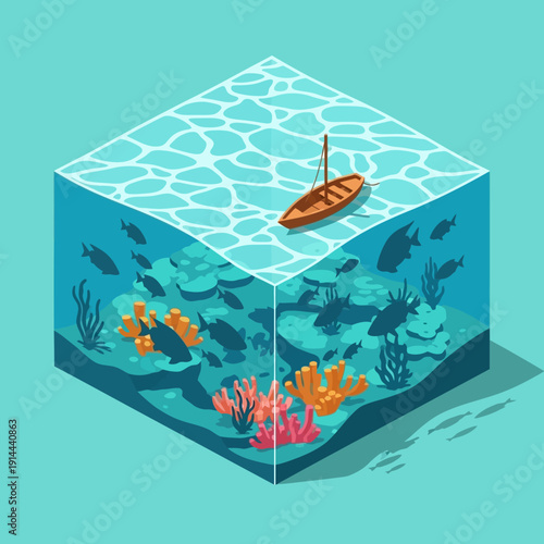 Underwater Scene with Boat on Surface and Marine Life.