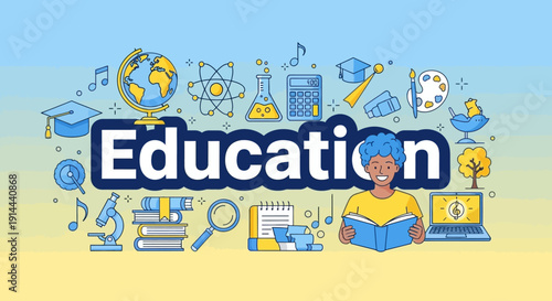 Education Concept with Diverse Learning Icons and Student Reading on Light Blue Background