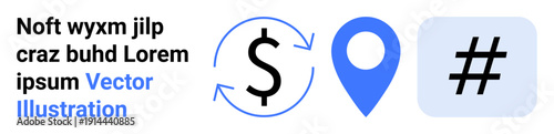 Dollar sign with arrows, map pin, and metadata tag icon in simple blue and black layout. Ideal for business, finance, navigation, digital marketing, location-based services, branding simple landing