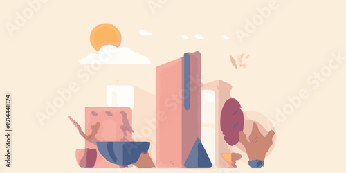 Cityscape building banner. Flat landscape with evening or early morning sky and town house scene. Skyscraper illustration. Minimalist flat vector illustration.