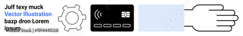 Gear, RFID card, and hand illustrate contactless payment, system integration, and innovation in digital transactions. Ideal for finance, technology, payment systems, banking e-commerce automation