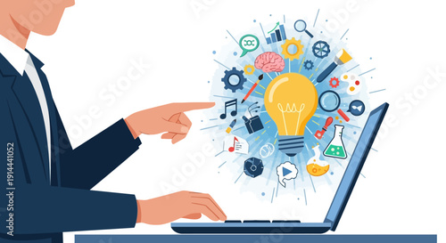 Businessman Generating Creative Ideas and Solutions on Laptop in a Bright Studio