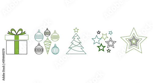 Outline Christmas Elements Collection with Gift Box, Baubles, and Stars on an Isolated White Background