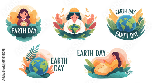 Collection of Women Caring for Earth and Nature for Earth Day Celebration on an Isolated White Background