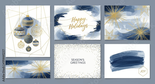 Elegant collection of abstract watercolor holiday greeting card designs with golden accents and festive messages like "Happy Holidays" and "Season's Greetings," on a white background.