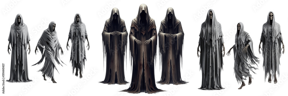 Ταπετσαρία Sinister Dark Figures in Hooded Robes and Ghostly Specters Set Isolated on White