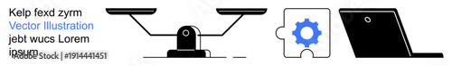 Decision making, technology integration, problem-solving, business strategy, teamwork, and innovation. Balance scale, gear-shaped puzzle piece and laptop. Decision making and technology integration