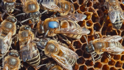 Wallpaper Mural Honey bees swarm around a marked queen bee on honeycomb, showcasing their intricate movements and interactions within the hive environment, insects in nature Torontodigital.ca