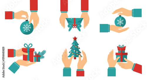 Hands Holding Christmas Gifts, Ornament, and Christmas Tree, Representing Festive Giving and Holiday Celebrations on Isolated White Background