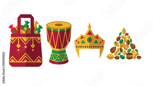 Garangao Ramadan Children Festival Icon Set, Candy Bag Nut Drum Headpiece Collection Illustration