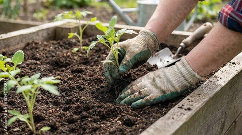 Gardener planting seedlings in a raised bed garden during spring  