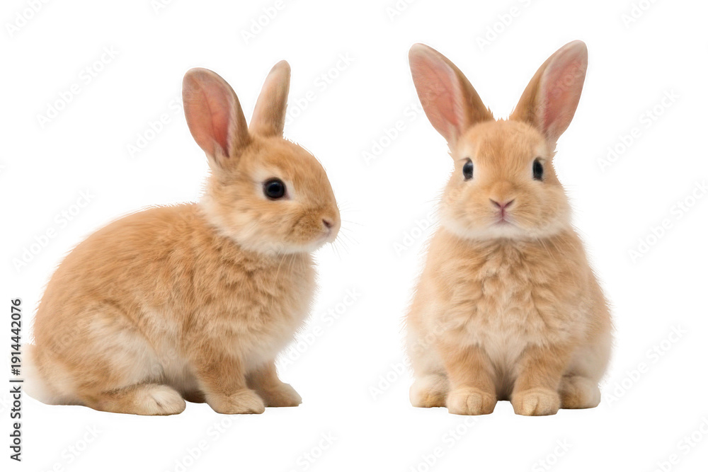 Fototapeta premium Set of two cute brown rabbits isolated on white background, front and side view of fluffy bunny for Easter design or nature themed mockup