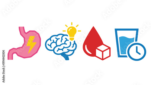 Fasting Health Benefit and Medical Body Icon Set, Stomach Brain Blood Sugar Hydration Collection Illustration
