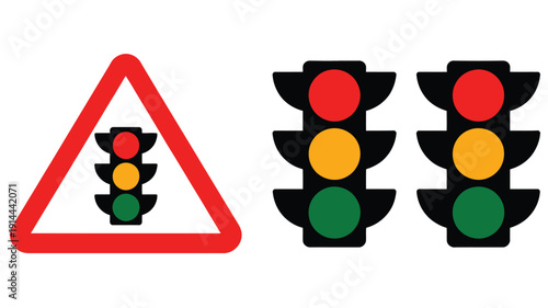 Traffic lights illustrations, isolated objects featuring green, yellow, and red stoplights, flat design icons on white background, vector set ideal for road safety, traffic management
