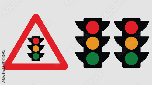 Traffic light vector icon set, including green, yellow, and red stoplights in flat design, isolated on white background, perfect for road signage, traffic education