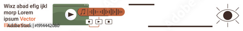 Digital media, user interface design, video playback, audio visualization, content creation, streaming services. Audio player with play button, waveforms and an eye icon. Digital media and user