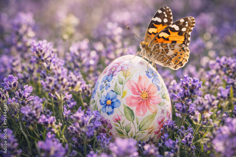 custom made wallpaper toronto digitalDelicate painted butterfly rests gracefully on floral decorated Easter egg nestled among vibrant purple wildflower meadow