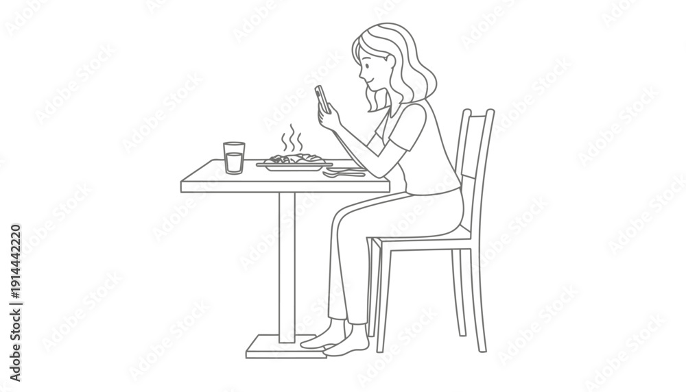 Fototapeta premium Woman sitting alone at a table using her mobile phone while eating.