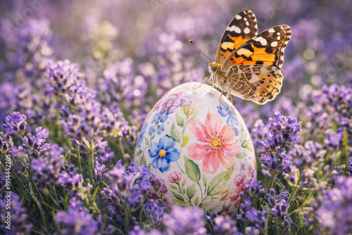 Wallpaper Mural Delicate painted butterfly rests gracefully on floral decorated Easter egg nestled among vibrant purple wildflower meadow Torontodigital.ca