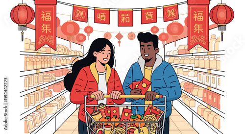 Illustration of a diverse couple shopping together in a grocery store aisle with a cart full of food, surrounded by Chinese New Year decorations.