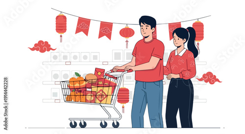 Illustration of a man and woman shopping together with a cart full of goods under festive decorations.