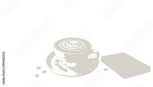 A cup of coffee with latte art and coffee beans on a saucer.