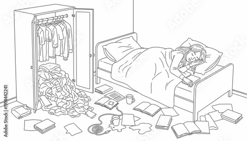 A messy bedroom with a person lying in bed surrounded by clutter and disorganization.