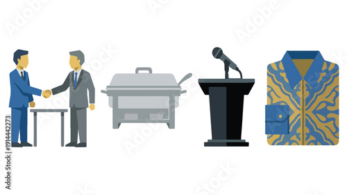 Corporate Halal Bihalal Eid Gathering Icon Set, Handshake Buffet Podium Batik Shirt Collection Illustration