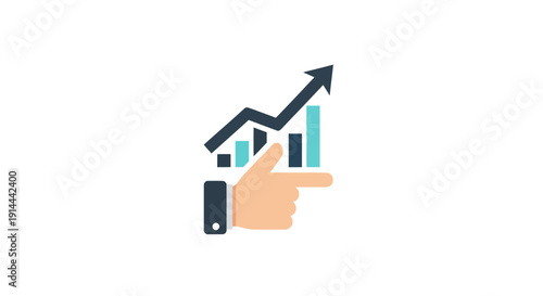 Hand pointing to rising graph on mobile.