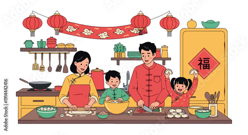 Illustration of a family of four cooking together in a traditional kitchen with Chinese New Year decorations and red lanterns.