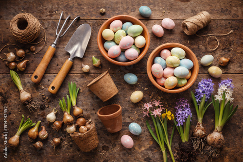 Wallpaper Mural Rustic Easter Garden Preparation Scene with Colorful Eggs and Spring Blooms on Weathered Wood Torontodigital.ca