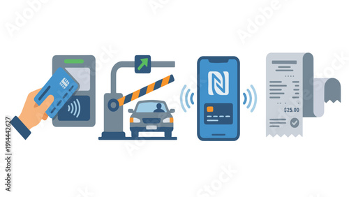 Electronic Toll Payment and Travel Card Icon Set, Card Tap Barrier Gate Smartphone Receipt Collection