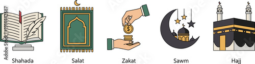 Five Pillars of Islam icons shahada salat zakat sawm hajj, Ramadan fasting prayer charity pilgrimage religion culture spirituality tradition