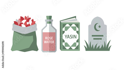 Islamic Grave Visit Ziarah Tradition Icon Set, Flower Petal Rose Water Yasin Book Gravestone Collection