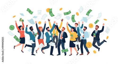 Illustration of a joyful business team celebrating with money flying around them in a colorful and lively scene.
