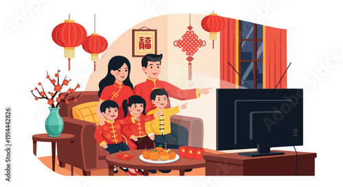 A family of four sitting on a couch watching TV together in a living room with traditional Chinese decorations and a warm atmosphere.