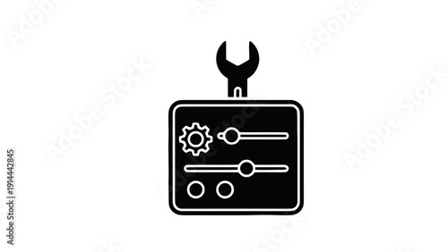 Vector illustration of settings and configuration panel with sliders, gear icon, and wrench, representing tools, maintenance on a transparent background