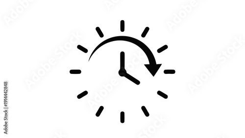 Vector illustration of clock with curved arrow indicating time passing or history icon, simple black and white graphic symbol on a transparent background