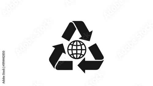 Vector illustration of recycle symbol with globe inside, environmental protection concept, black icon on on a transparent background