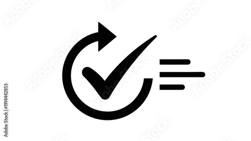 Vector illustration of fast delivery icon, checkmark in circular arrow with speed lines, symbol for quick service, approved process, or rapid completion, black graphic on a transparent background