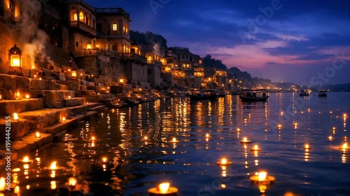 Hundreds of glowing diya candles floating on the ganges river during the ganga aarti ceremony in varanasi, with the ancient city ghats illuminated by lights under a twilight sky